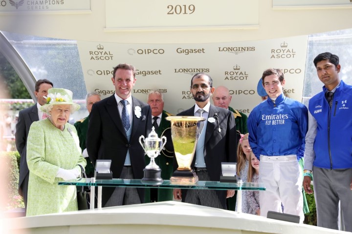 Mohammed bin Rashid receives trophy from Queen Elizabeth II on historic Royal Ascot win