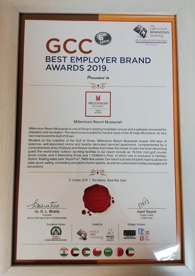 Millennium Resort Mussanah awarded as GCC’s Best Employer Brand