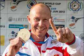 Vasily Mosin of Russia wins gold at the Finals of Double Trap Men in ISSF Shotgun World Cup Series in Al Ain